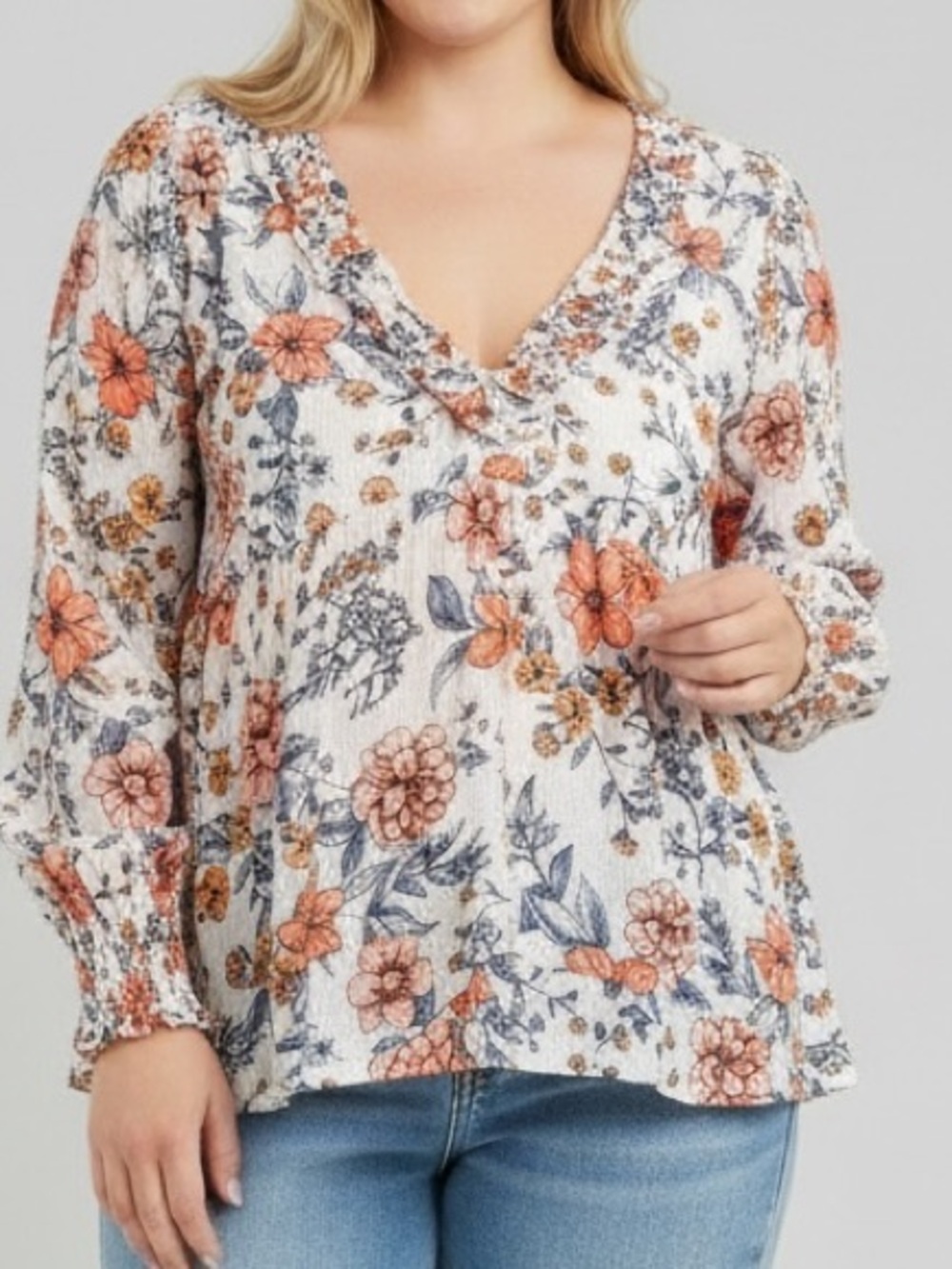 Lucky Brand White Floral V-Neck Blouse with Orange and Navy Print